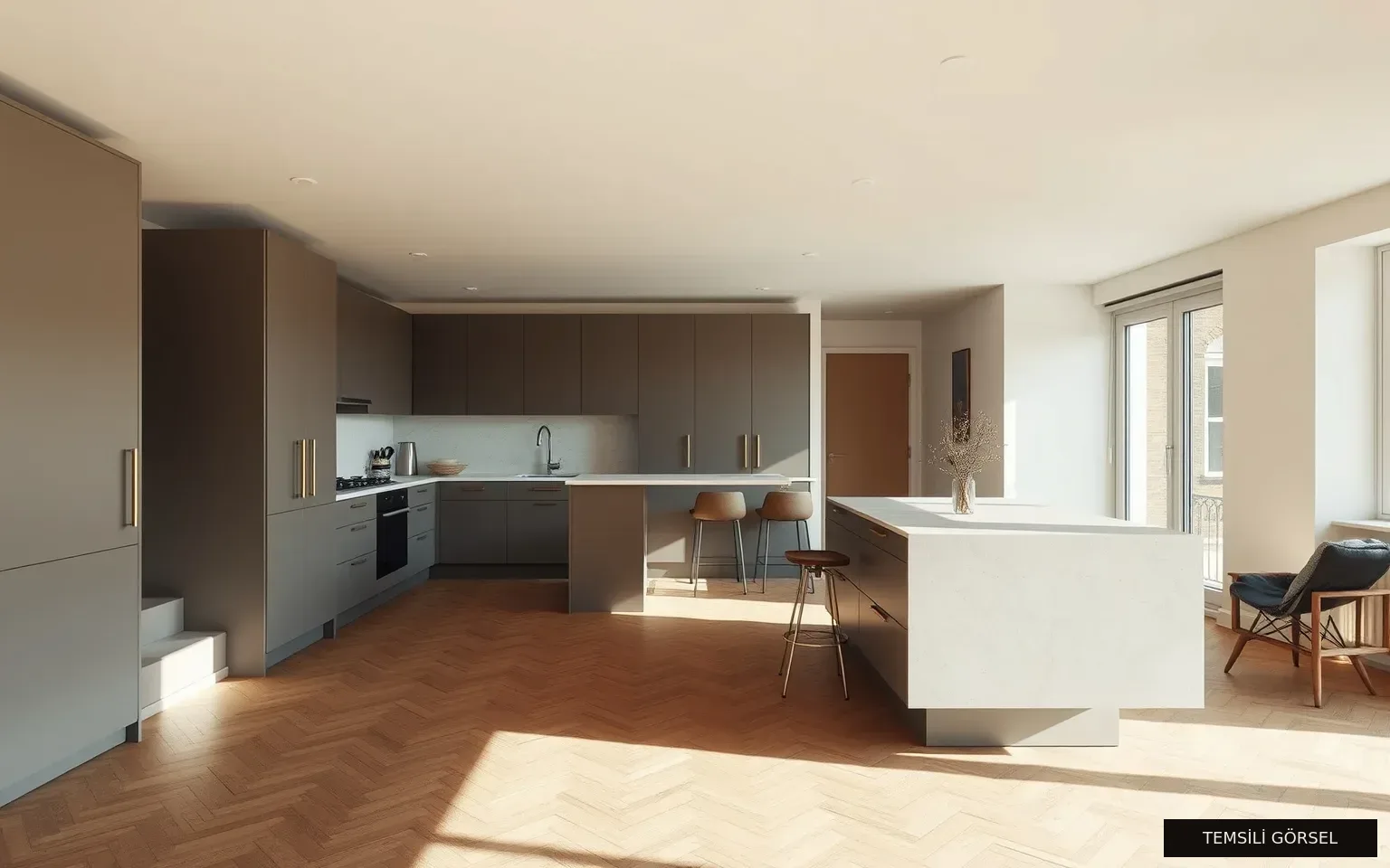 Temsili görsel: mikro beton adalı açık mutfak ve salon