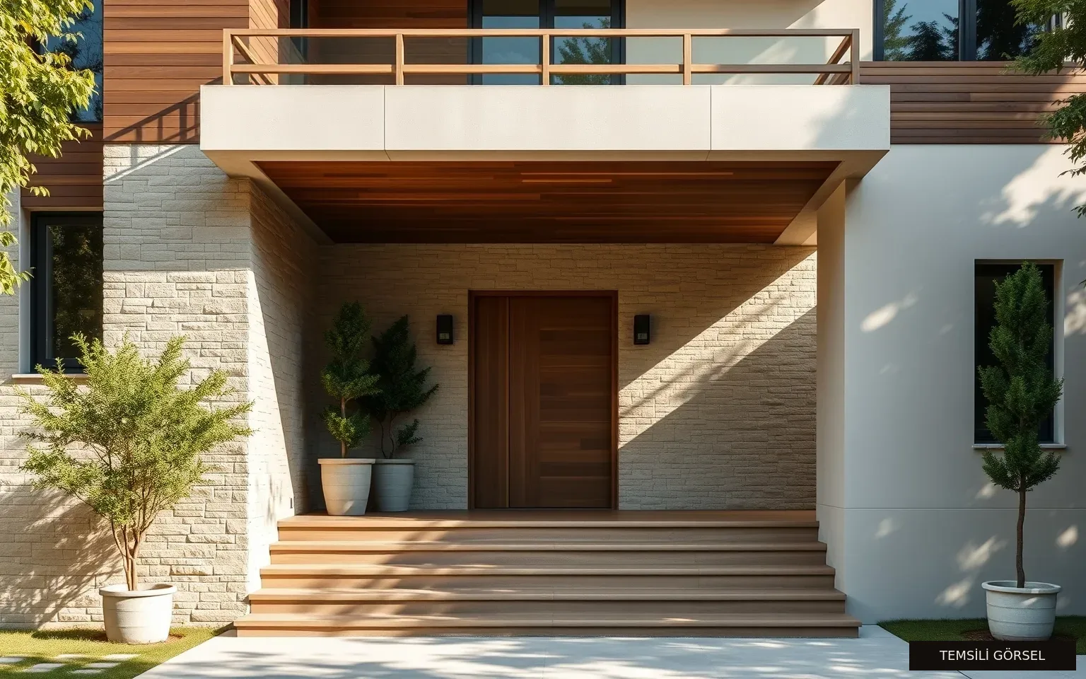Temsili görsel: doğal taş duvarlı villa giriş cephesi ve beton sahanlık